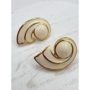 Vintage Swirl Earrings Cream Enamel Gold Tone Retro Glam